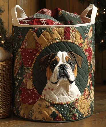Festive Bulldog Quilted Laundry Hamper - Holiday Print Foldable Storage Basket, Easy-Carry Handles For Seasonal Decor