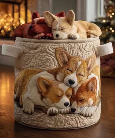 Holiday Corgi Quilted Laundry Hamper — Festive Corgi Print Foldable Laundry Basket With Handles, Seasonal Decorative Storage