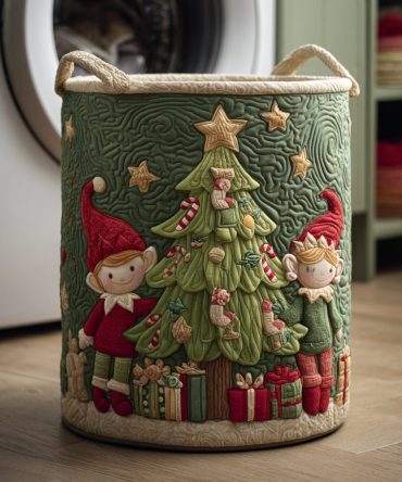 Cheerful Holiday Elf Quilted Laundry Basket – Foldable Christmas Hamper, Decorative Storage For Gifts, Toys & Linens