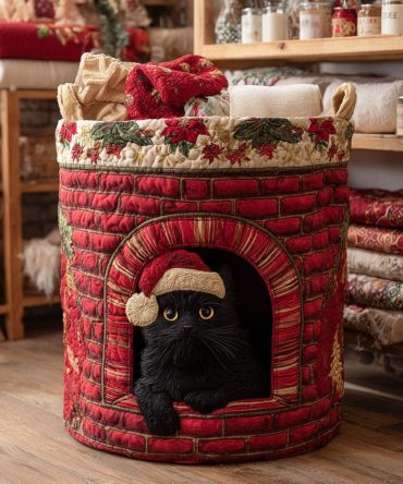 Holiday Fireplace Quilted Cat Laundry Hamper — Festive Decorative Collapsible Basket, Durable Fabric Storage For Seasonal Decor