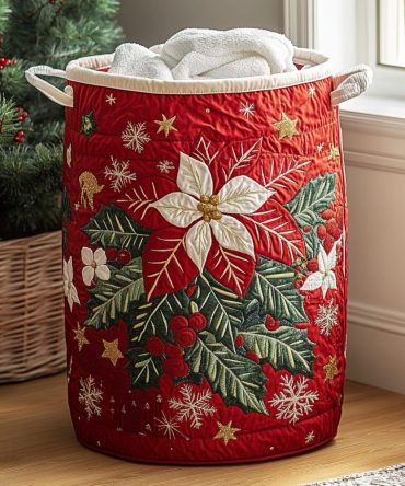Holiday Glow Quilted Laundry Hamper — Warm Festive Fabric Basket With Handles, Foldable Christmas Decor Storage For Clothes & Linens