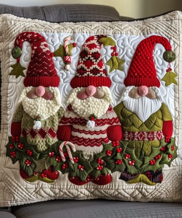 Holiday Gnome Quilted Throw Pillow Cover - Charming Christmas Accent Case, Soft Cotton Blend, Durable Stitching, Easy Care