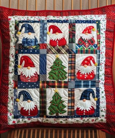 Holiday Gnome Magic Quilted Throw Pillow Cover — Festive Christmas Pillowcase For Couch, Decorative Accent For Seasonal Home Decor