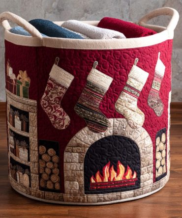 Holiday Hearth Quilted Laundry Hamper – Festive Green & Red Storage Basket, Foldable Durable Fabric Bin With Carry Handles