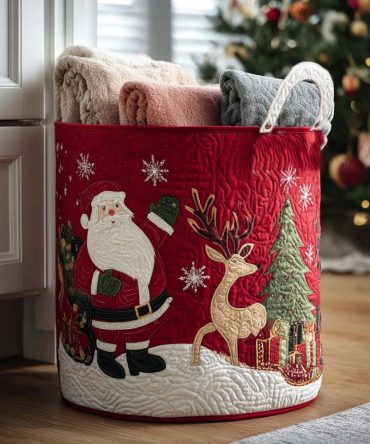 Holiday Hearth Quilted Storage Hamper — Cozy Festive Laundry Basket With Carry Handles, Collapsible Organizer For Seasonal Decor & Clothes