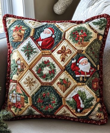 Holiday Hexagon Quilted Pillow Cover — Geometric Festive Throw Pillowcase, Modern Holiday Decorative Accent For Living Room