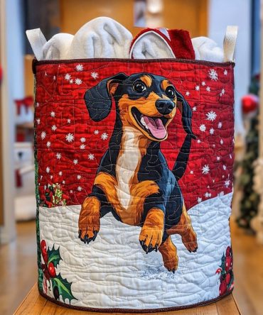 Holiday Hound Magic Quilted Laundry Hamper — Festive Dog Print Fabric Basket, Foldable Holiday Storage & Giftable Hampers