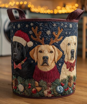 Holiday Lab Trio Quilted Laundry Hamper — Festive Labrador Dog Design Foldable Storage Basket, Durable Washable Hamper For Seasonal Décor & Gifts