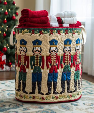 Holiday Nutcracker Quilted Fabric Laundry Hamper — Decorative Nutcracker Washable Clothes Bin With Handles, Foldable Festive Storage Solution