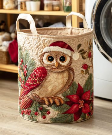 Holiday Owl Quilted Laundry Hamper - Festive Owl Fabric Basket, Foldable Christmas Storage Bin For Seasonal Decor