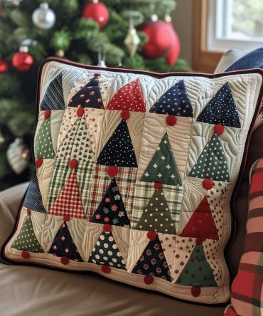 Holiday Pines Quilted Pillow Cover — Evergreen Tree Throw Pillow Case, Festive Quilted Accent For Sofa, Bedroom & Cabin Decor