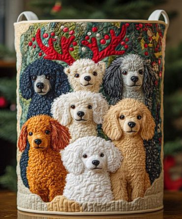 Festive Poodle Family Quilted Laundry Hamper — Holiday Print Foldable Fabric Basket With Handles For Seasonal Home Organization