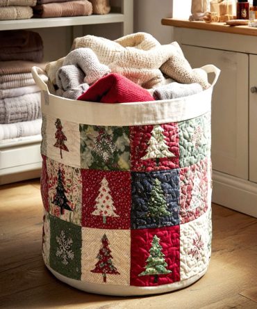Holiday Quilt Pines Storage Hamper — Festive Quilted Laundry Basket With Tree Motifs, Foldable & Durable Home Organizer