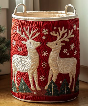 Festive Reindeer Quilted Laundry Hamper - Christmas Print Fabric Basket With Carry Handles, Seasonal Storage For Home & Gifts
