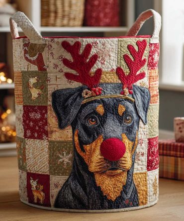 Festive Rottie Holiday Quilted Laundry Hamper — Large Rottweiler Print Fabric Basket, Collapsible Seasonal Organizer For Home