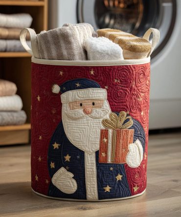 Holiday Santa Quilted Laundry Hamper — Vintage Santa Foldable Basket, Roomy Capacity, Durable Handles & Decorative Seasonal Style