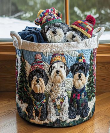 Holiday Schnauzer Quilted Laundry Hamper - Cute Schnauzer Dog Print Holiday Fabric Basket, Foldable, Large Capacity & Easy Care