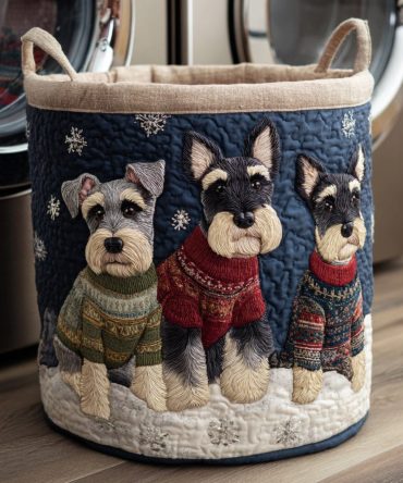 Festive Schnauzer Quilted Laundry Hamper — Holiday Dog Trio Print, Durable Foldable Fabric Basket With Handles, Large Capacity & Easy-Clean Liner