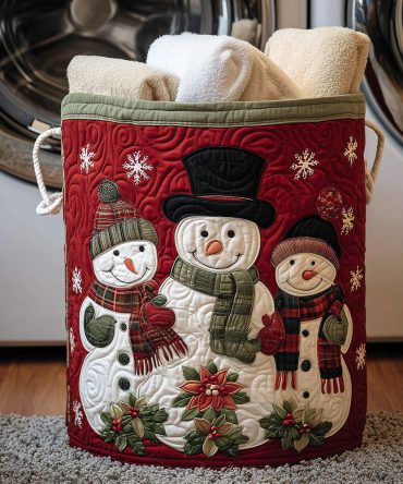 Holiday Snow Family Quilted Laundry Hamper — Festive Foldable Storage Basket, Durable Quilting, Family-Friendly Handles, Multiuse Organizer