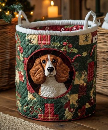 Holiday Spaniel Quilted Laundry Hamper - Cute Dog Patterned Foldable Basket, Lightweight Storage For Gifts & Decor