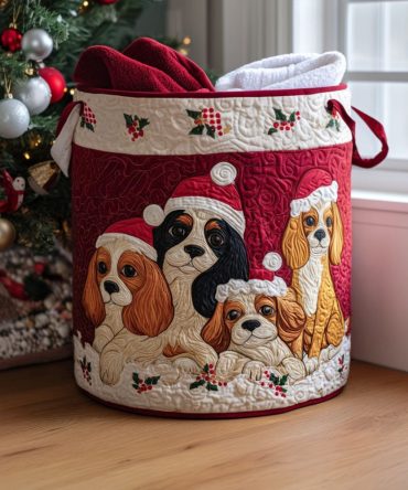 Holiday Spaniel Quilted Hamper — Festive Dog Print Laundry Basket, Foldable Fabric Bin With Comfortable Carry Handles