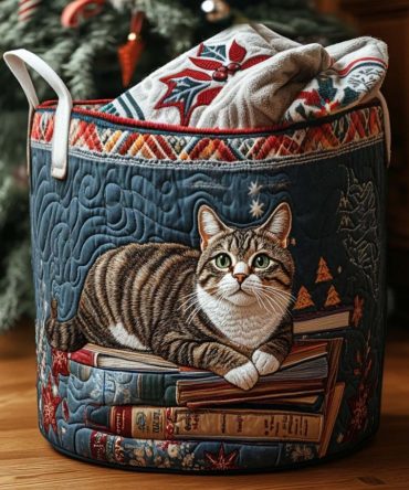 Holiday Cat Story Quilted Laundry Hamper — Festive Cat Illustration Collapsible Fabric Basket With Handles, Charming Seasonal Storage