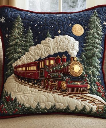 Holiday Tracks Quilted Pillow Cover — Festive Red & Green Quilted Throw Pillowcase For Merry Christmas & Seasonal Living Room Accents