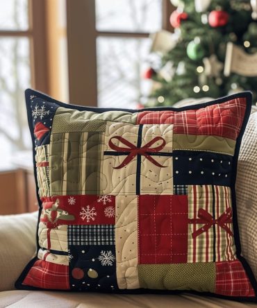 Holiday Treasures Quilted Pillow Cover - Luxury Festive Throw Pillowcase For Living Room & Bedroom , Soft, Durable & Easy Care