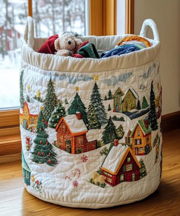 Festive Holiday Village Quilted Hamper - Decorative Foldable Laundry Basket With Handles For Seasonal Home Organization