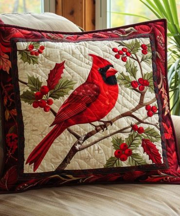 Holly Berry Cardinal Quilted Pillow Cover — Festive Red Cardinal Embroidery On Quilted Cotton, Holiday & Seasonal Accent Cushion
