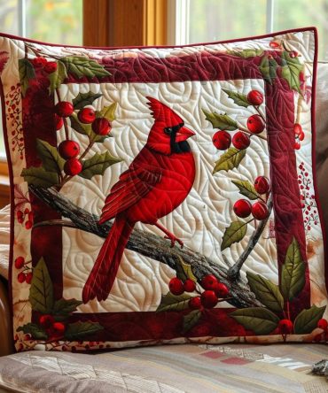 Holly Berry Cardinal Quilted Accent Pillowcase — Festive Embroidered Bird & Holly Design, Durable Cotton Cover For Holiday Styling