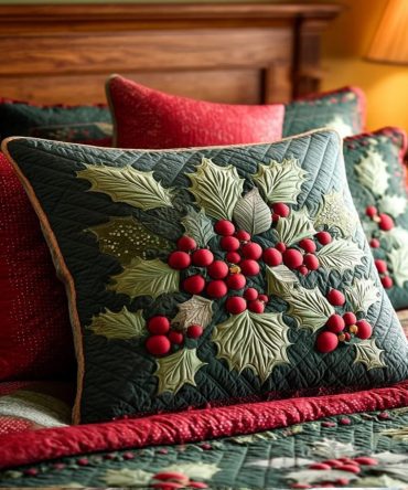 Holly Berry Dreams Quilted Pillow Cover — Festive Red & Green Holly Accent, Soft Quilted Cotton-Blend Decorative Throw Pillowcase