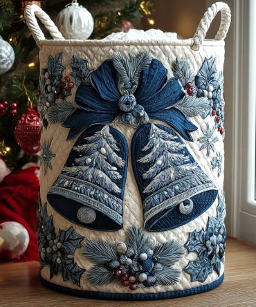 Holly Bell Quilted Laundry Hamper — Festive Green & Red Fabric Basket, Collapsible Christmas-Themed Storage With Handles
