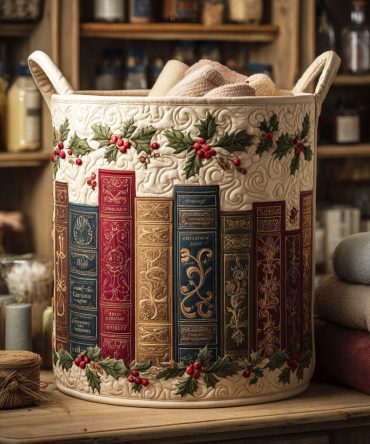 Holly Book Quilted Fabric Hamper — Festive Bookish Laundry Basket With Quilted Finish, Sturdy Handles & Collapsible Convenience