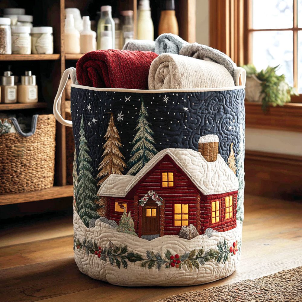 Holly Cottage Quilted Laundry Hamper — Holiday-Inspired Foldable Basket With Handles , Cozy Rustic Bedroom & Lodge Organizer