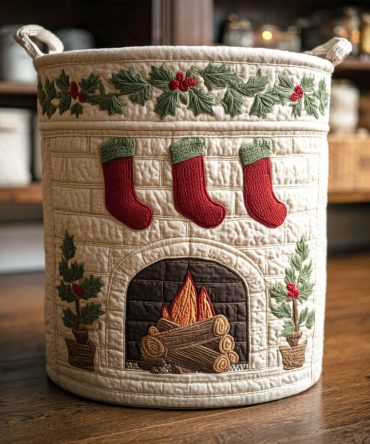 Holly Fireplace Quilted Laundry Hamper - Festive Washable Basket With Handles For Holiday Linens, Gifts & Décor