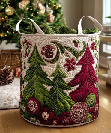 Holly Glow Quilted Laundry Basket — Festive Holly Pattern, Padded Fabric Hamper With Handles, Collapsible Storage For Home & Holidays