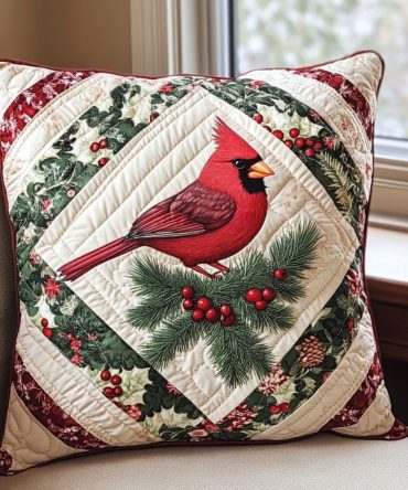 Holly Jolly Cardinal Quilted Decorative Pillow Cover - Festive Cardinal & Holly Print Throw Pillowcase, Soft Quilted Microfiber Holiday Accent