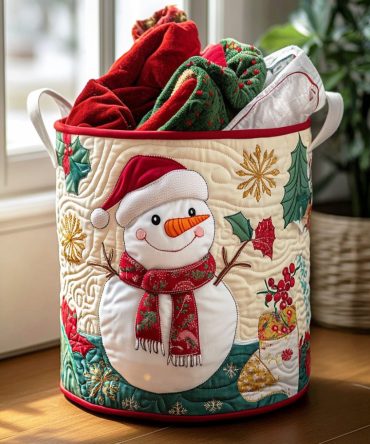 Holiday Quilted Laundry Hamper With Cheerful Snowman — Holly Jolly Design, Foldable Fabric Basket For Gifts & Storage