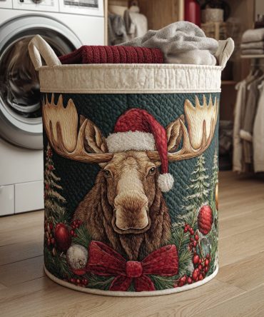 Holly Moose Quilted Hamper: Festive Woodland Laundry Basket For Holiday Decor, Cabin & Cozy Home Storage Needs