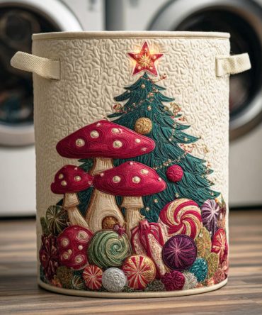 Holly Mushroom Meadow Quilted Laundry Hamper — Whimsical Woodland Fabric Basket With Durable Handles For Seasonal Decor
