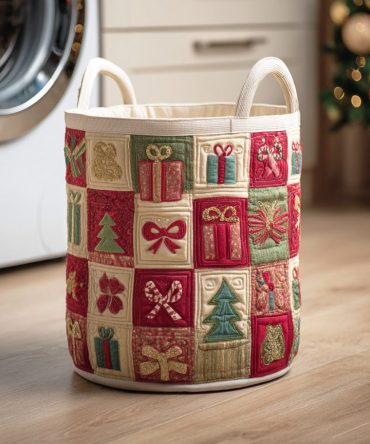 Holly Night Glow Quilted Storage Hamper — Festive Fabric Laundry Basket With Soft Padding, Reinforced Handles & Easy Fold-Flat Design