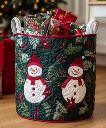 Holly Night Quilted Holiday Laundry Hamper - Festive Red & Green Fabric Basket, Collapsible Storage With Reinforced Handles