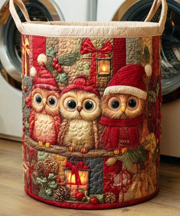 Holly Owl Quilted Laundry Hamper — Festive Owl Print Foldable Laundry Basket, Sturdy Lightweight Storage For Bedroom & Nursery