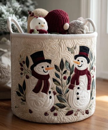 Holly Snowcap Quilted Laundry Hamper — Festive Fabric Clothes Basket, Foldable & Durable For Holiday Décor, Bedroom Or Guest Room