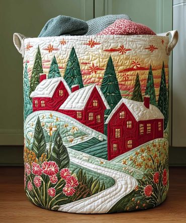 Holly Town Quilted Laundry Hamper — Festive Village-Print Fabric Basket, Foldable Decorative Storage For Holiday Cheer & Everyday Use