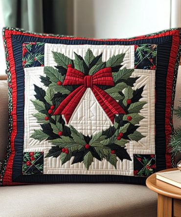 Hollyberry Charm Quilted Pillow Cover - Festive Berry & Green Decorative Throw Pillowcase For Holiday Living Room