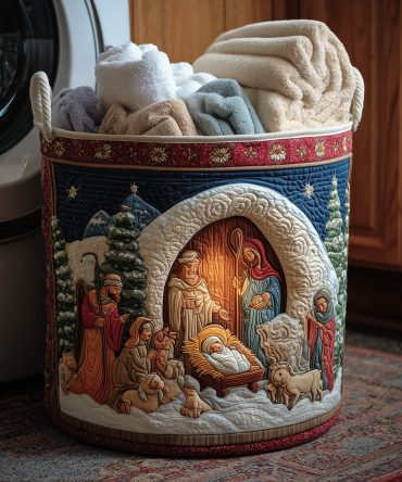 Handcrafted Holy Family Quilted Laundry Hamper – Decorative Nativity Christmas Fabric Basket, Durable Foldable Organizer
