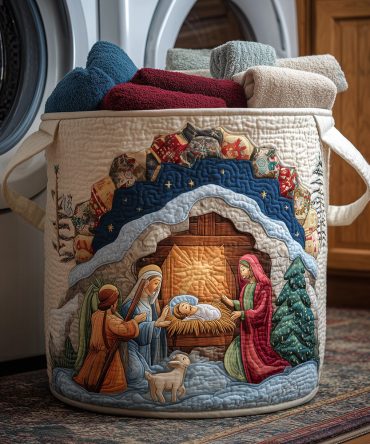 Holy Night Quilted Hamper — Serene Holy Night Print Laundry Basket, Quilted Decorative Storage With Durable Base & Foldable Design