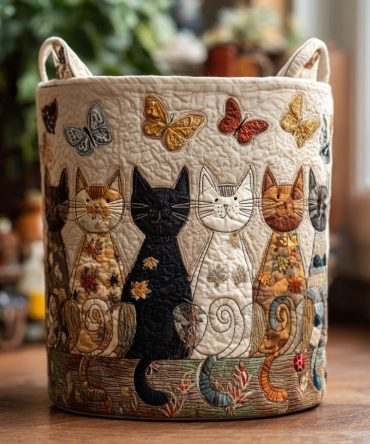 Home Of Whiskers Quilted Laundry Basket – Cute Cat-Themed Fabric Hamper, Collapsible Design With Durable Handles For Everyday Use